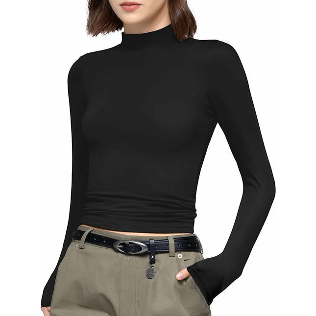 Women's Long Sleeve Basic T Shirts Mock Neck Slim Fitted Tops