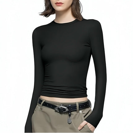 Women's Classic Slim Fitted Solid Tops Long-Sleeve Crewneck T-Shirt