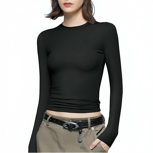 Women's Classic Slim Fitted Solid Tops Long-Sleeve Crewneck T-Shirt