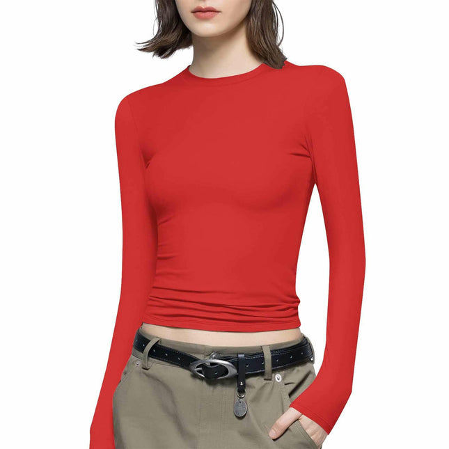 Women's Classic Slim Fitted Solid Tops Long-Sleeve Crewneck T-Shirt
