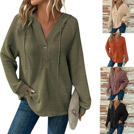 Hoodies for Women Waffle Knit Long Sleeve Button V Neck Casual Pullover Hooded Tops