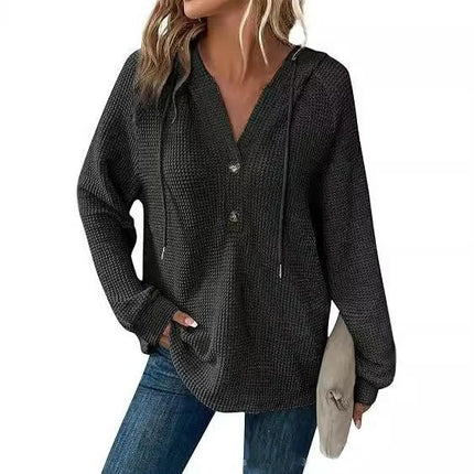 Hoodies for Women Waffle Knit Long Sleeve Button V Neck Casual Pullover Hooded Tops