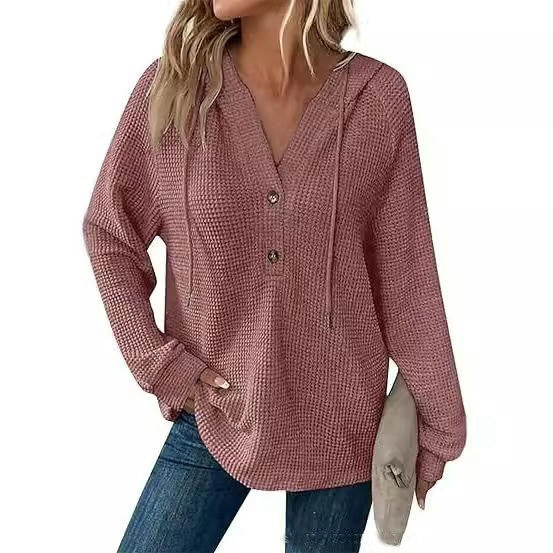 Hoodies for Women Waffle Knit Long Sleeve Button V Neck Casual Pullover Hooded Tops