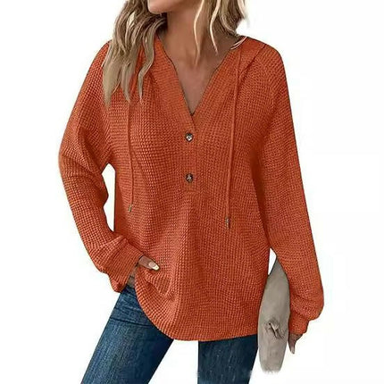 Hoodies for Women Waffle Knit Long Sleeve Button V Neck Casual Pullover Hooded Tops