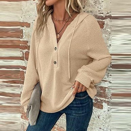 Hoodies for Women Waffle Knit Long Sleeve Button V Neck Casual Pullover Hooded Tops