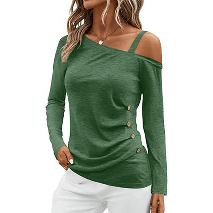 Womens Off Shoulder Tops Asymmetrical One Shoulder Shirts Long Sleeve Button Ruched Blouses