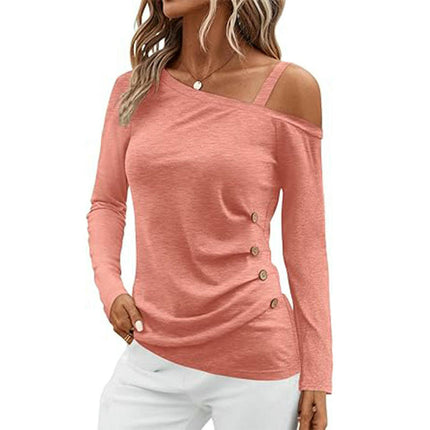 Womens Off Shoulder Tops Asymmetrical One Shoulder Shirts Long Sleeve Button Ruched Blouses
