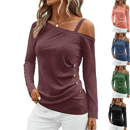 Womens Off Shoulder Tops Asymmetrical One Shoulder Shirts Long Sleeve Button Ruched Blouses