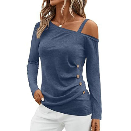 Womens Off Shoulder Tops Asymmetrical One Shoulder Shirts Long Sleeve Button Ruched Blouses