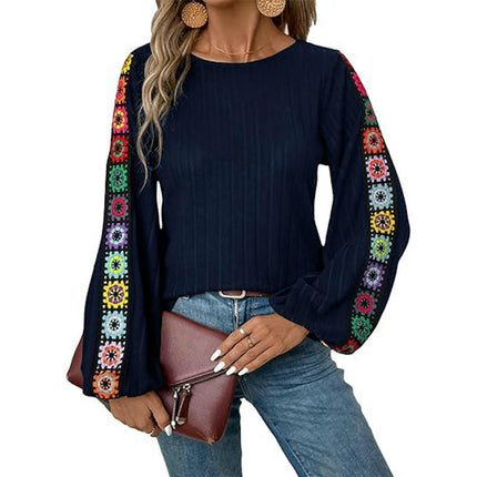 Women's Floral Crochet Long Sleeve Sweaters Crew Neck Knit Tops