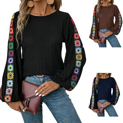 Women's Floral Crochet Long Sleeve Sweaters Crew Neck Knit Tops