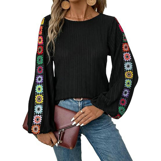 Women's Floral Crochet Long Sleeve Sweaters Crew Neck Knit Tops