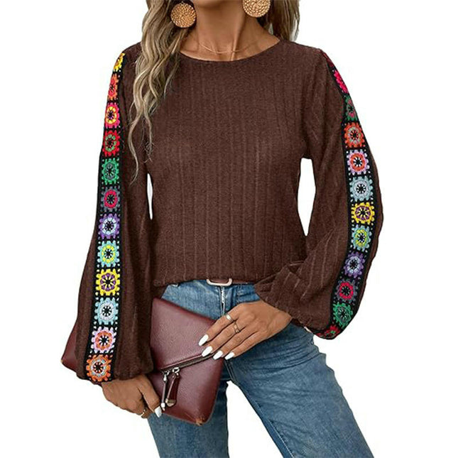 Women's Floral Crochet Long Sleeve Sweaters Crew Neck Knit Tops