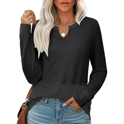 Womens Long Sleeve T Shirts V Neck Loose Fit Patchwork Causal Fall Fashion Tops