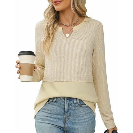 Womens Long Sleeve T Shirts V Neck Loose Fit Patchwork Causal Fall Fashion Tops