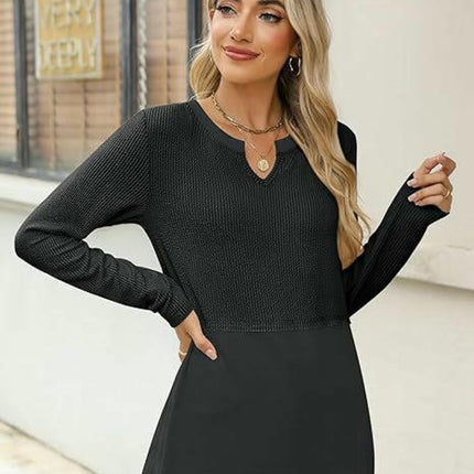 Womens Long Sleeve T Shirts V Neck Loose Fit Patchwork Causal Fall Fashion Tops