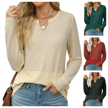 Womens Long Sleeve T Shirts V Neck Loose Fit Patchwork Causal Fall Fashion Tops