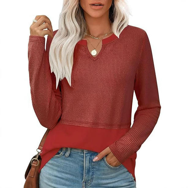 Womens Long Sleeve T Shirts V Neck Loose Fit Patchwork Causal Fall Fashion Tops