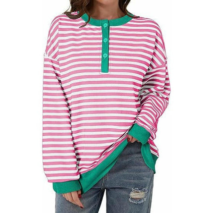 Womens Long Sleeve Casual Color Block Crew Neck T Shirts Loose Fit Striped Drop Shoulder Tops