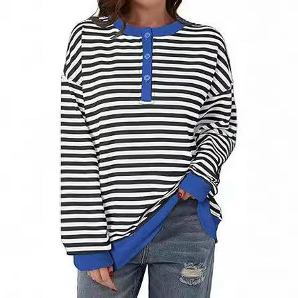 Womens Long Sleeve Casual Color Block Crew Neck T Shirts Loose Fit Striped Drop Shoulder Tops