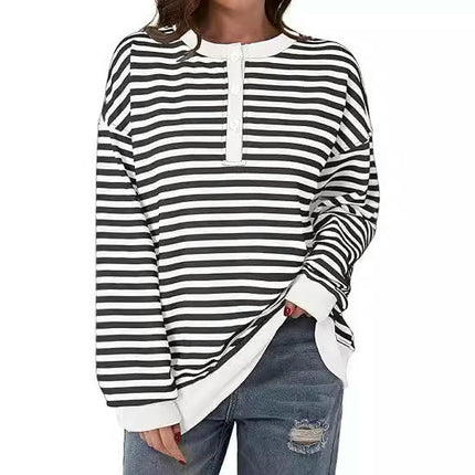 Womens Long Sleeve Casual Color Block Crew Neck T Shirts Loose Fit Striped Drop Shoulder Tops