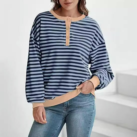 Womens Long Sleeve Casual Color Block Crew Neck T Shirts Loose Fit Striped Drop Shoulder Tops