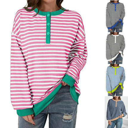 Womens Long Sleeve Casual Color Block Crew Neck T Shirts Loose Fit Striped Drop Shoulder Tops