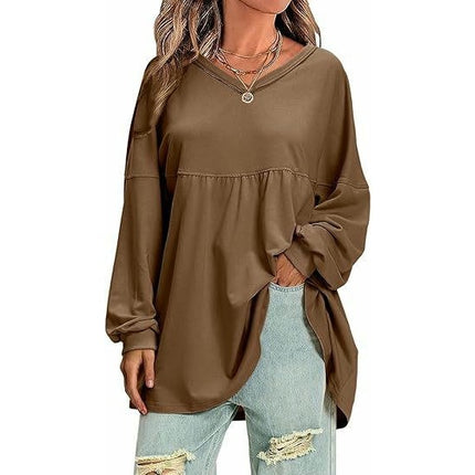 Womens Long Sleeve Casual T Shirts Fall V Neck Babydoll Tops