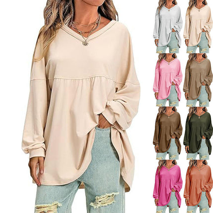 Womens Long Sleeve Casual T Shirts Fall V Neck Babydoll Tops