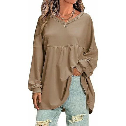Womens Long Sleeve Casual T Shirts Fall V Neck Babydoll Tops