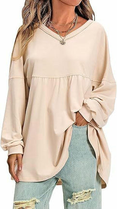 Womens Long Sleeve Casual T Shirts Fall V Neck Babydoll Tops