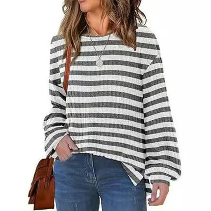 Women Striped Color Block Long Sleeve Crew Neck T Shirts Casual Loose Top