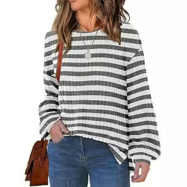 Women Striped Color Block Long Sleeve Crew Neck T Shirts Casual Loose Top