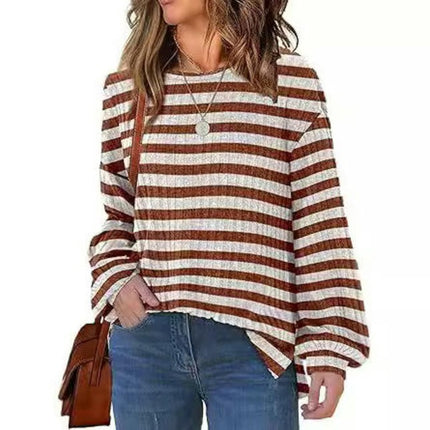 Women Striped Color Block Long Sleeve Crew Neck T Shirts Casual Loose Top