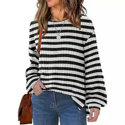 Women Striped Color Block Long Sleeve Crew Neck T Shirts Casual Loose Top