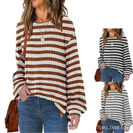Women Striped Color Block Long Sleeve Crew Neck T Shirts Casual Loose Top