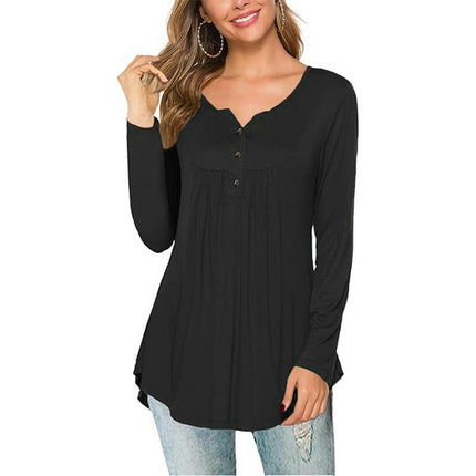 Womens Long Sleeve Tunic Tops Henley Shirt V-neck Button Casual Pleated Blouse