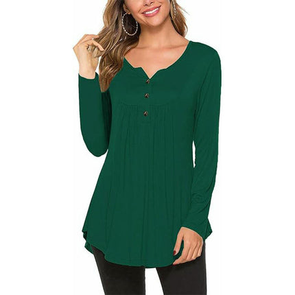 Womens Long Sleeve Tunic Tops Henley Shirt V-neck Button Casual Pleated Blouse