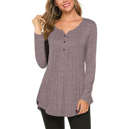 Womens Long Sleeve Tunic Tops Henley Shirt V-neck Button Casual Pleated Blouse