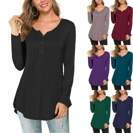 Womens Long Sleeve Tunic Tops Henley Shirt V-neck Button Casual Pleated Blouse