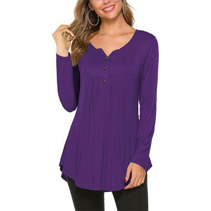 Womens Long Sleeve Tunic Tops Henley Shirt V-neck Button Casual Pleated Blouse
