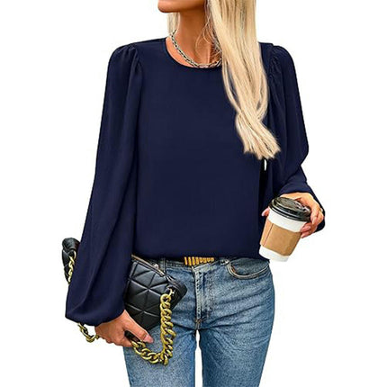 Womens Puff Long Sleeve Chiffon Blouses Dressy Casual Crewneck Tops