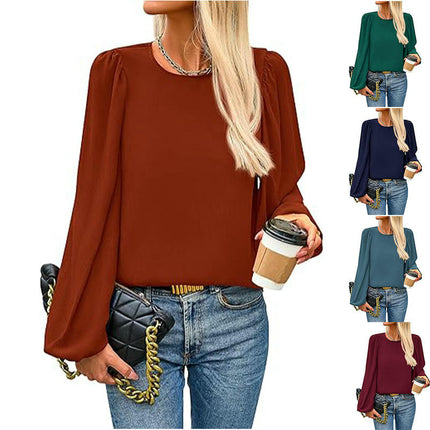 Womens Puff Long Sleeve Chiffon Blouses Dressy Casual Crewneck Tops