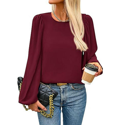 Womens Puff Long Sleeve Chiffon Blouses Dressy Casual Crewneck Tops