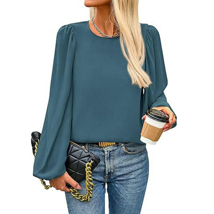 Womens Puff Long Sleeve Chiffon Blouses Dressy Casual Crewneck Tops