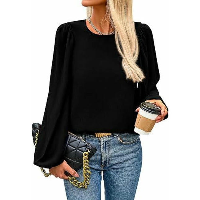 Womens Puff Long Sleeve Chiffon Blouses Dressy Casual Crewneck Tops