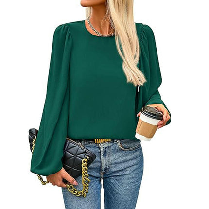 Womens Puff Long Sleeve Chiffon Blouses Dressy Casual Crewneck Tops