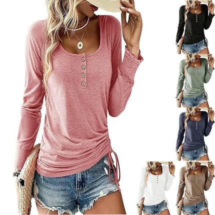 Womens Long Sleeve Square Neck T-Shirts Drawstring Loose Button Casual Tops