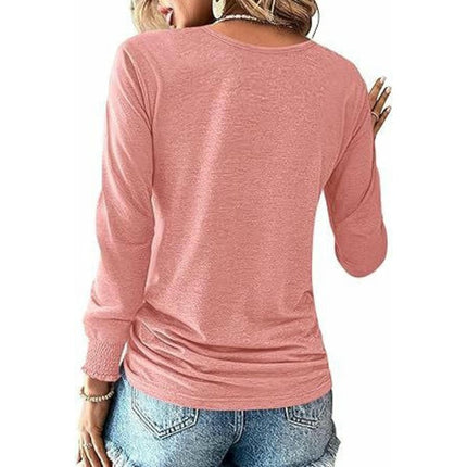 Womens Long Sleeve Square Neck T-Shirts Drawstring Loose Button Casual Tops