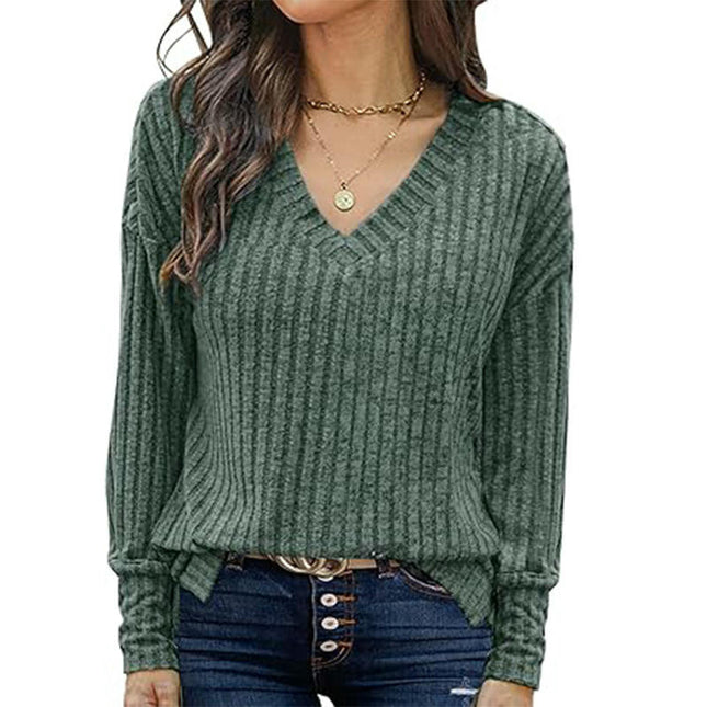 Women Trendy Casual Sweaters Fashion Shirts Ribbed Long Sleeve V Neck Pullover Tops